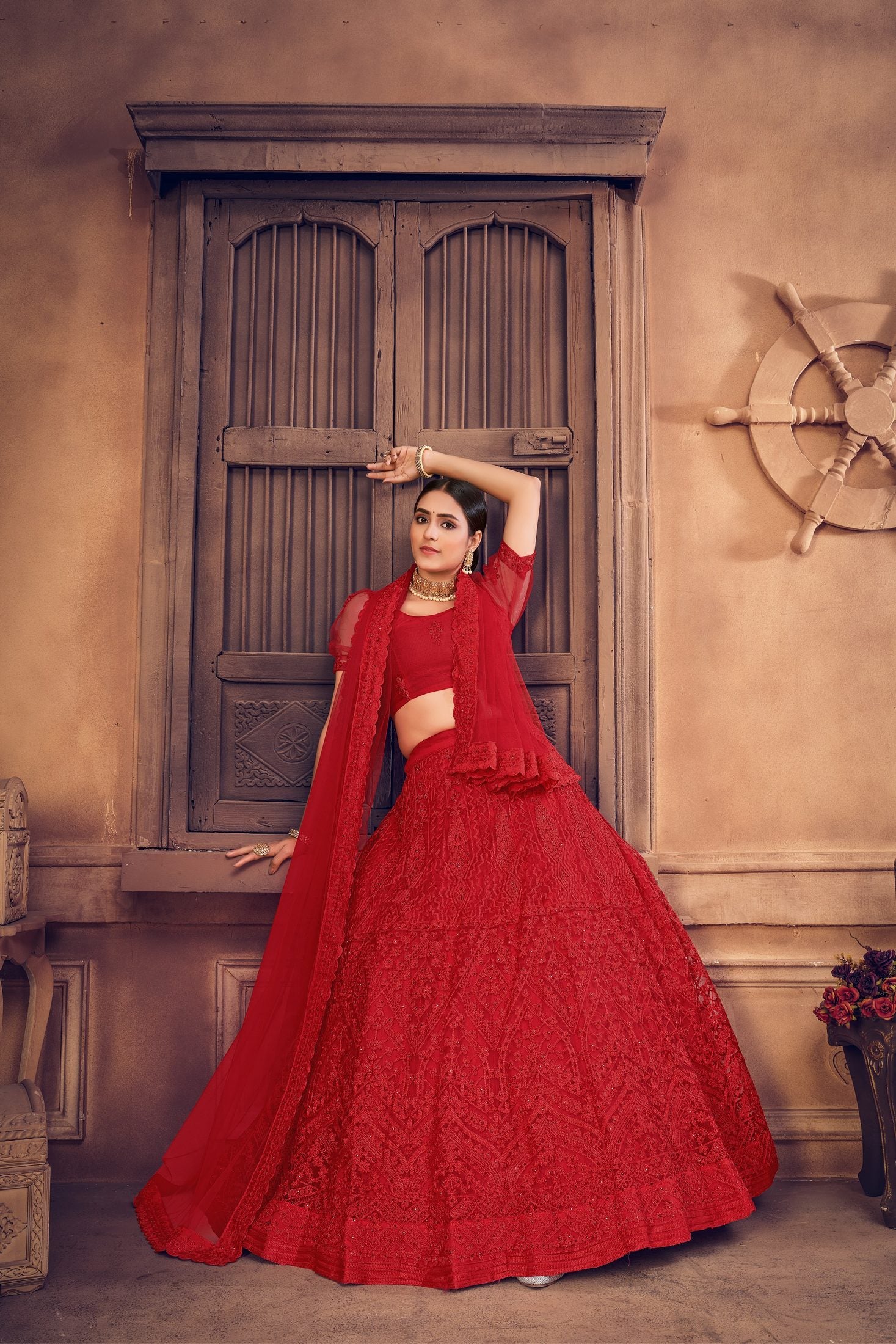 Red Net Embroidered Lehenga Choli Set Heavy Zari & Thread Work For Bridal & Festive Wear Semi-Stitched