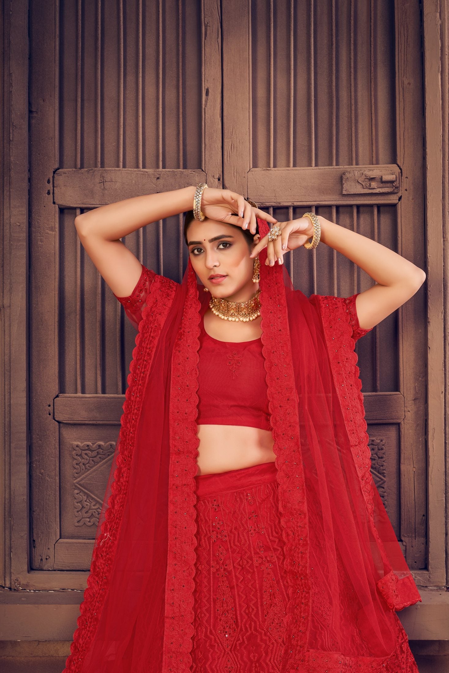 Red Net Embroidered Lehenga Choli Set Heavy Zari & Thread Work For Bridal & Festive Wear Semi-Stitched