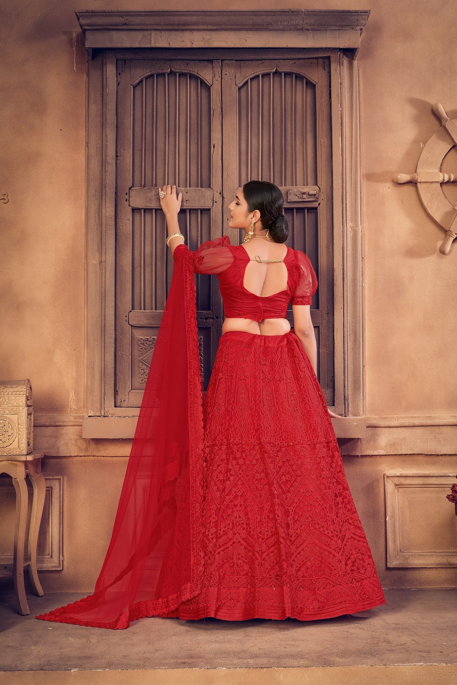 Red Net Embroidered Lehenga Choli Set Heavy Zari & Thread Work For Bridal & Festive Wear Semi-Stitched