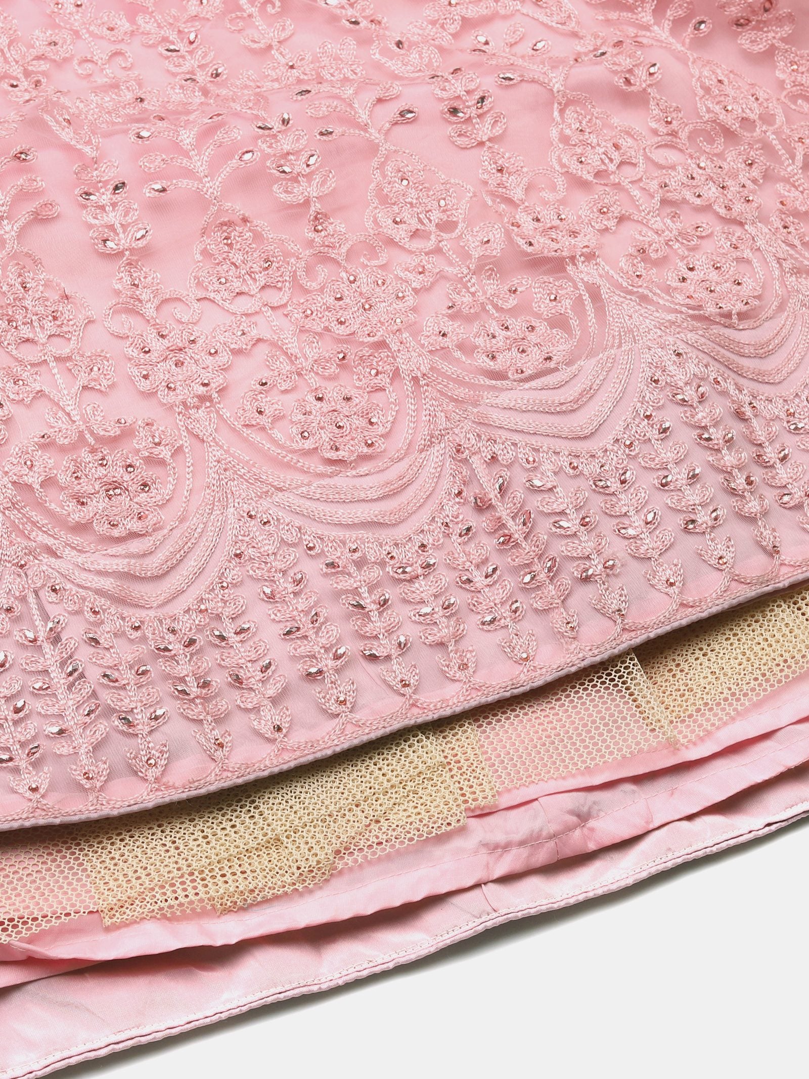 Pink Net Embroidered Lehenga Choli Set Heavy Zari & Thread Work For Festive & Wedding Wear Semi-Stitched