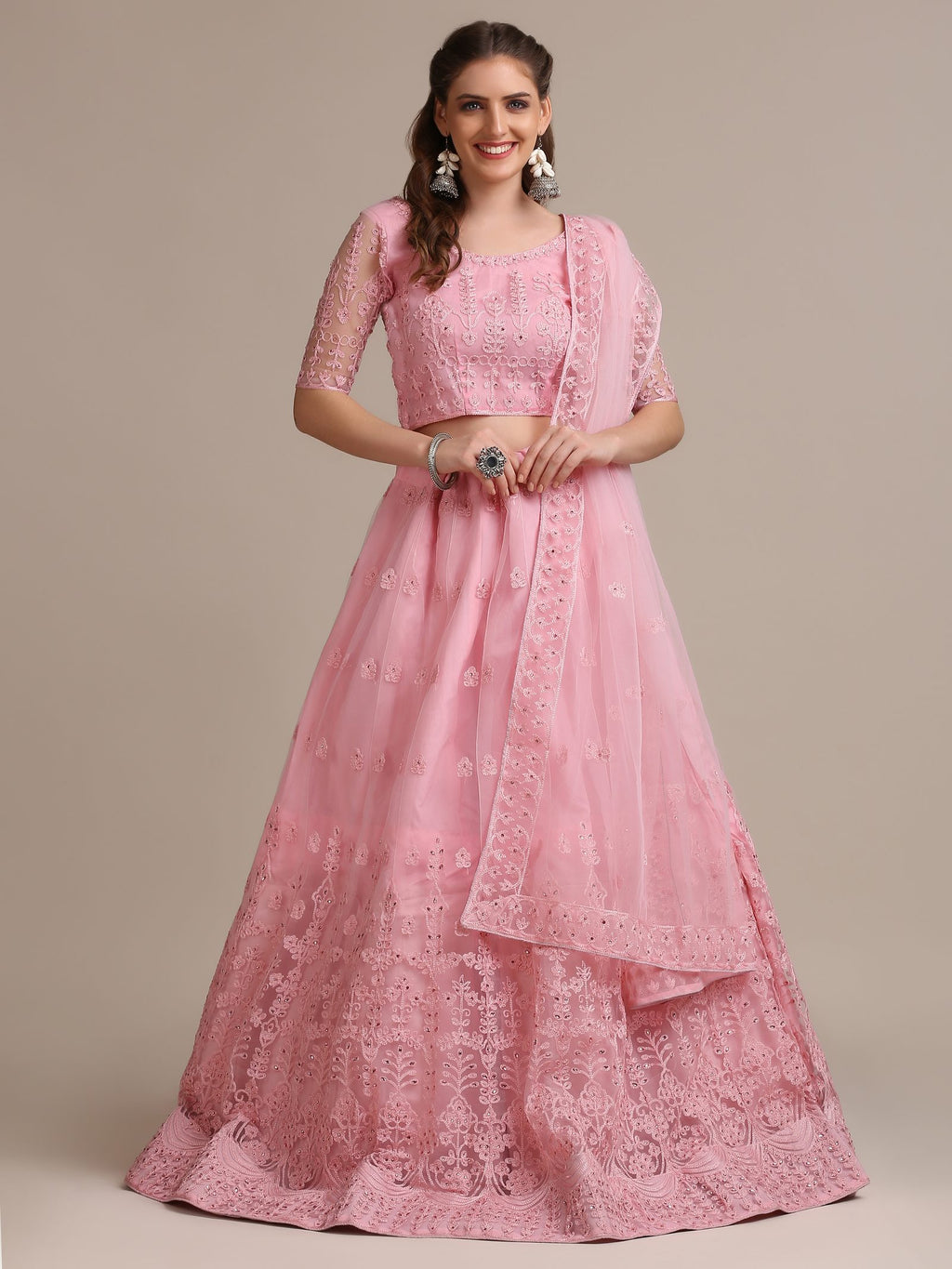 Pink Net Embroidered Lehenga Choli Set Heavy Zari & Thread Work For Festive & Wedding Wear Semi-Stitched