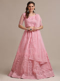 Pink Net Embroidered Lehenga Choli Set Heavy Zari & Thread Work For Festive & Wedding Wear Semi-Stitched