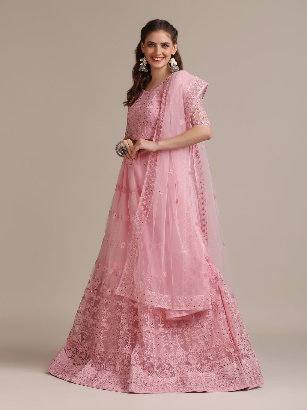 Pink Net Embroidered Lehenga Choli Set Heavy Zari & Thread Work For Festive & Wedding Wear Semi-Stitched