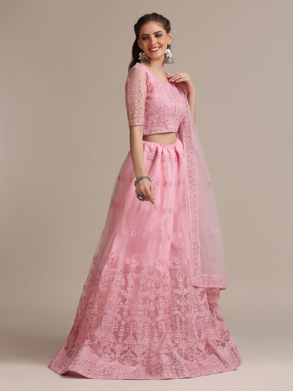 Pink Net Embroidered Lehenga Choli Set Heavy Zari & Thread Work For Festive & Wedding Wear Semi-Stitched