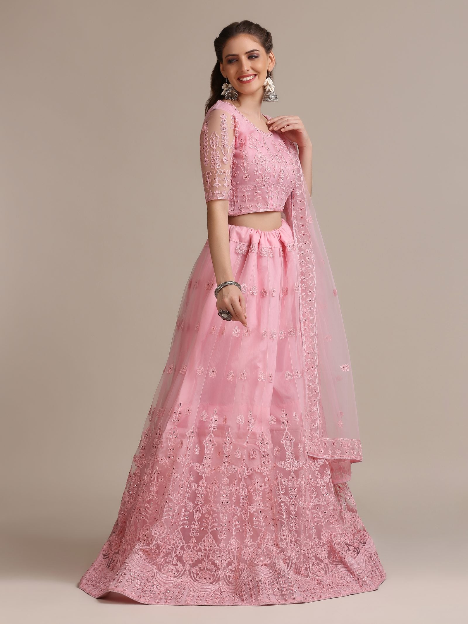 Pink Net Embroidered Lehenga Choli Set Heavy Zari & Thread Work For Festive & Wedding Wear Semi-Stitched