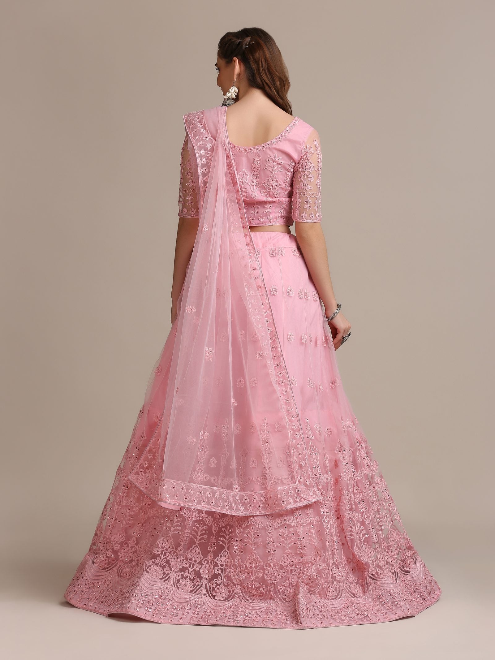 Pink Net Embroidered Lehenga Choli Set Heavy Zari & Thread Work For Festive & Wedding Wear Semi-Stitched