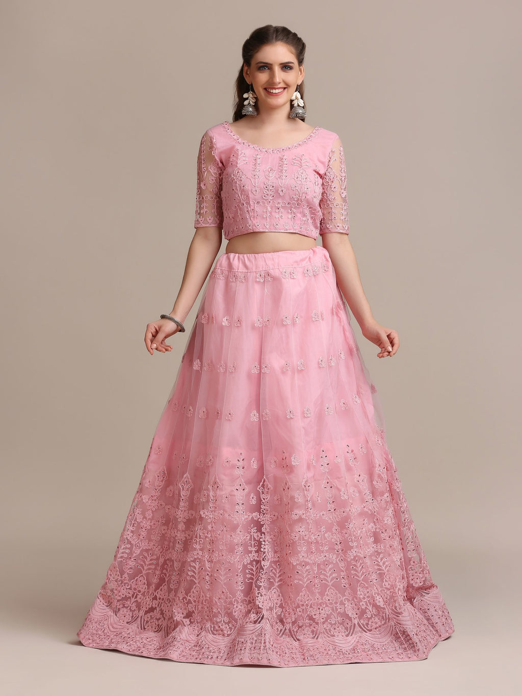 Pink Net Embroidered Lehenga Choli Set Heavy Zari & Thread Work For Festive & Wedding Wear Semi-Stitched