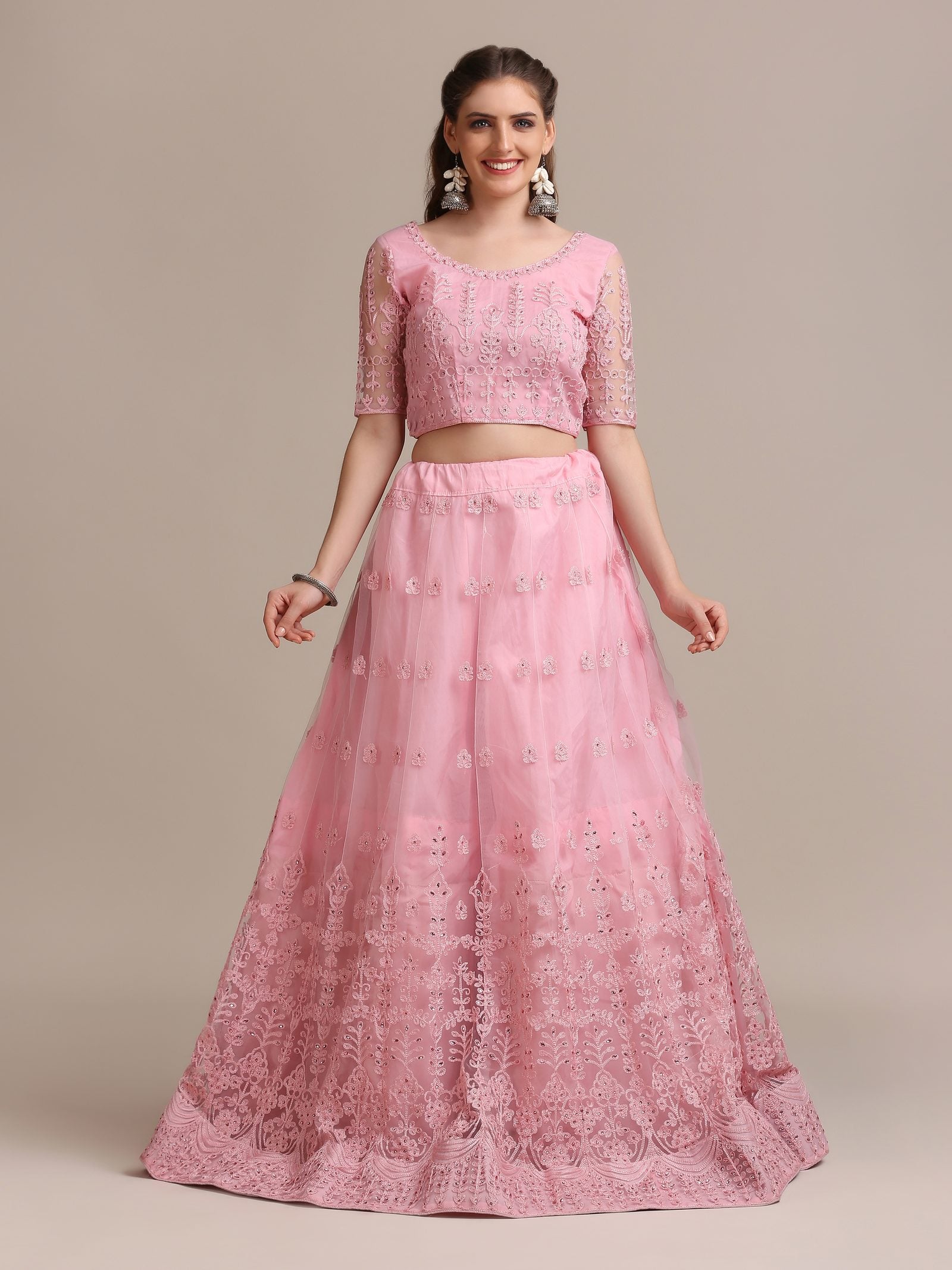 Pink Net Embroidered Lehenga Choli Set Heavy Zari & Thread Work For Festive & Wedding Wear Semi-Stitched
