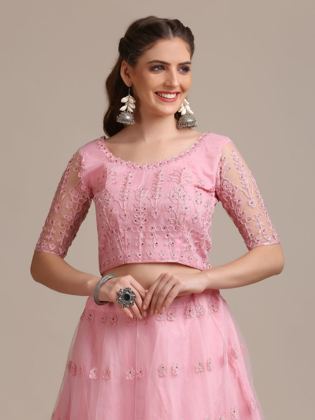 Pink Net Embroidered Lehenga Choli Set Heavy Zari & Thread Work For Festive & Wedding Wear Semi-Stitched