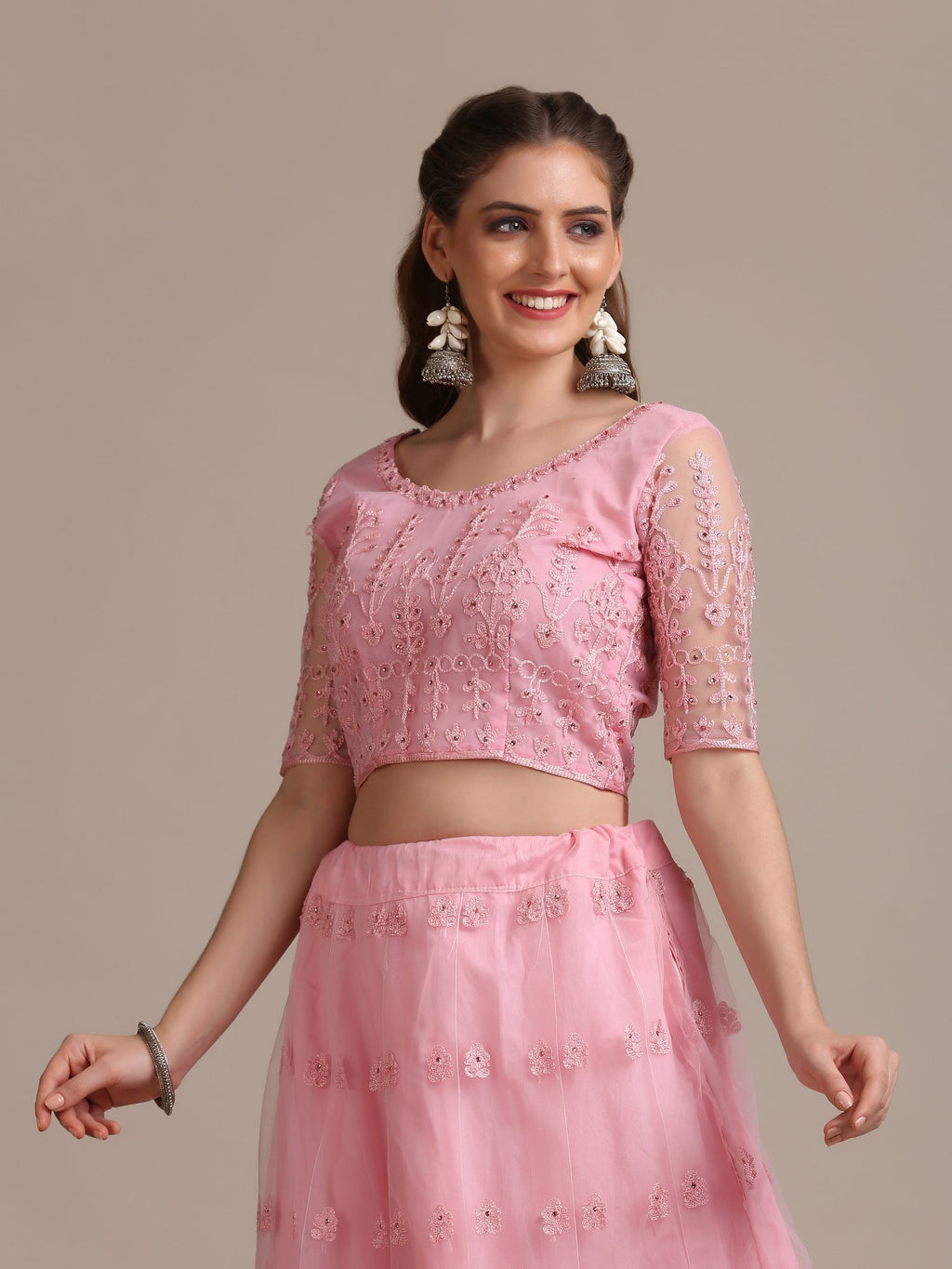 Pink Net Embroidered Lehenga Choli Set Heavy Zari & Thread Work For Festive & Wedding Wear Semi-Stitched