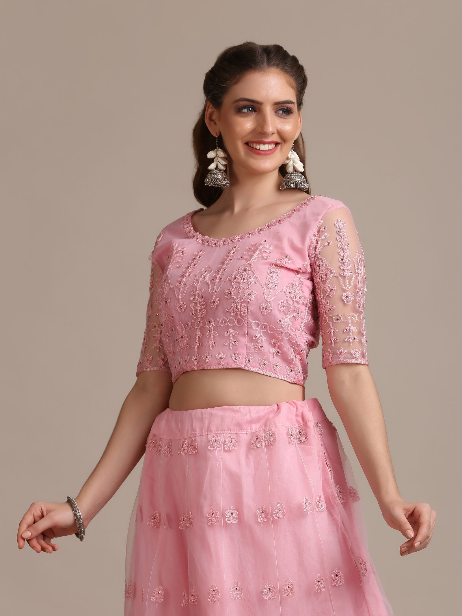 Pink Net Embroidered Lehenga Choli Set Heavy Zari & Thread Work For Festive & Wedding Wear Semi-Stitched