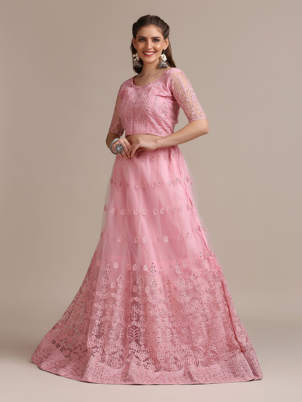 Pink Net Embroidered Lehenga Choli Set Heavy Zari & Thread Work For Festive & Wedding Wear Semi-Stitched