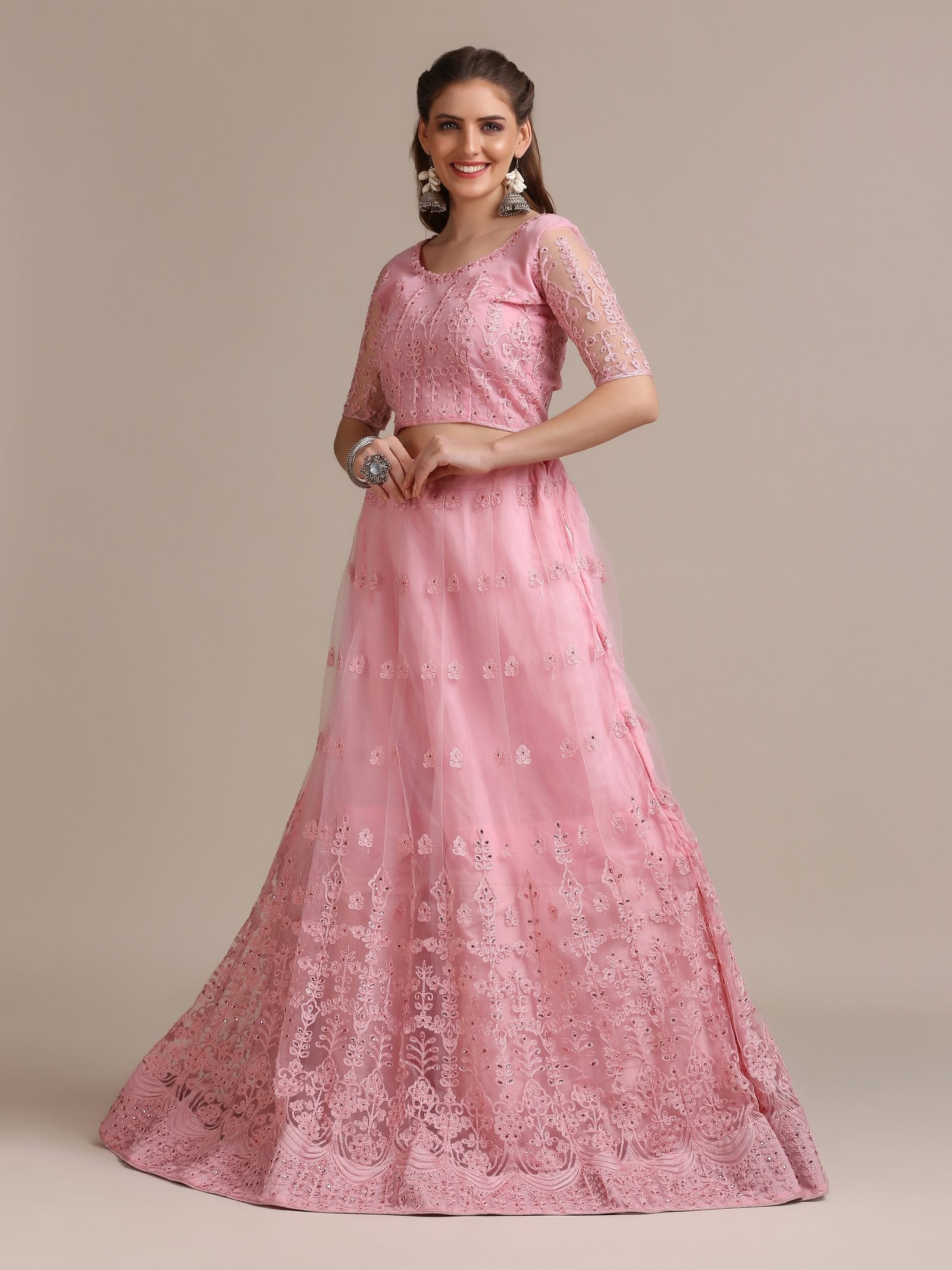 Pink Net Embroidered Lehenga Choli Set Heavy Zari & Thread Work For Festive & Wedding Wear Semi-Stitched