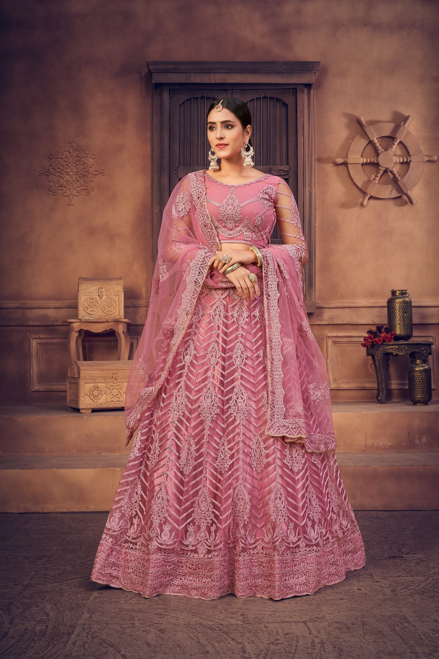 Dusty Net Embroidered Lehenga Choli set Semi-Stitched Heavy Zari & Thread Work For A-Line Festive & Wedding Wear