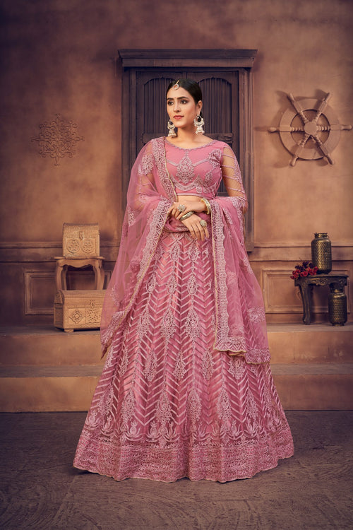 Dusty Net Embroidered Lehenga Choli set Semi-Stitched Heavy Zari & Thread Work For A-Line Festive & Wedding Wear