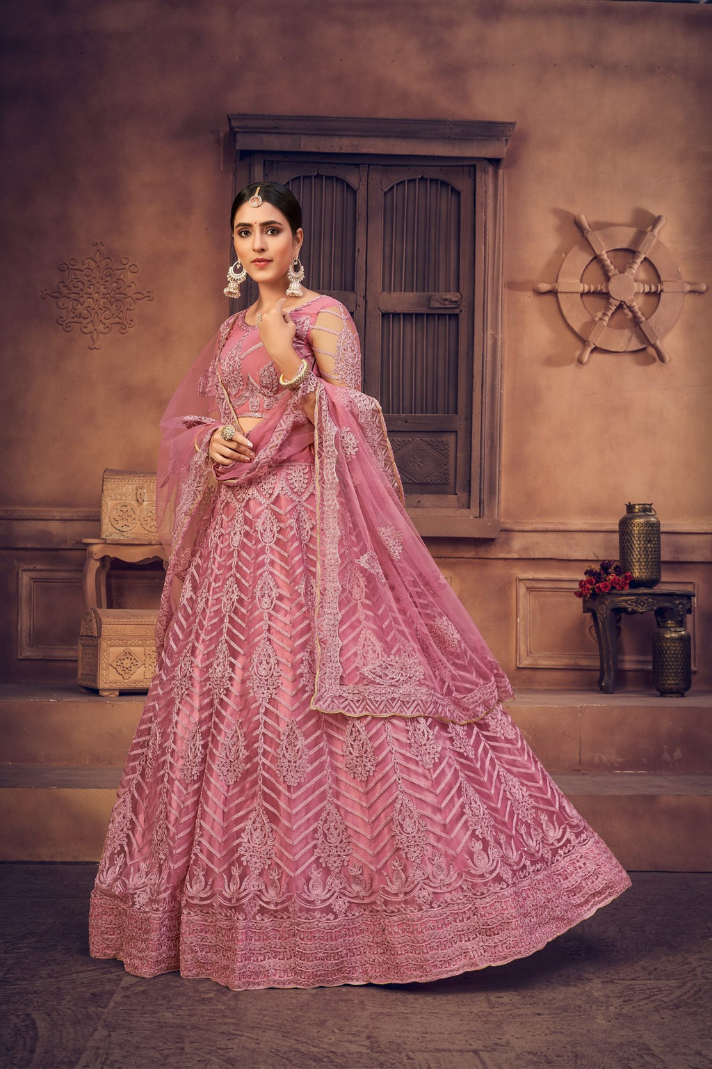 Dusty Net Embroidered Lehenga Choli set Semi-Stitched Heavy Zari & Thread Work For A-Line Festive & Wedding Wear