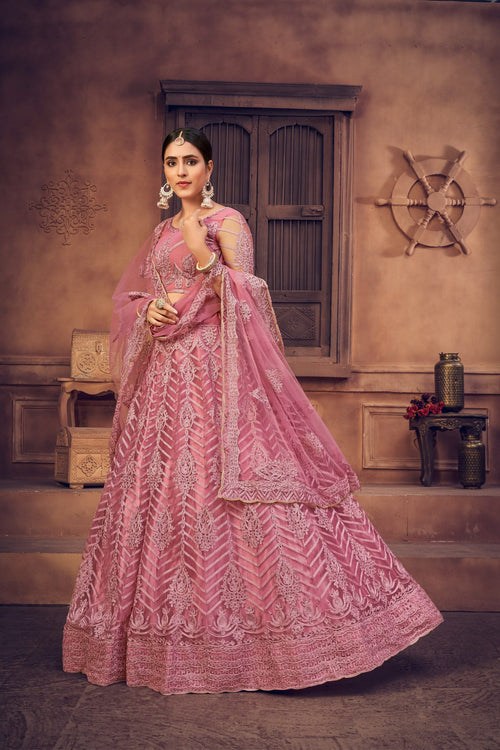 Dusty Net Embroidered Lehenga Choli set Semi-Stitched Heavy Zari & Thread Work For A-Line Festive & Wedding Wear