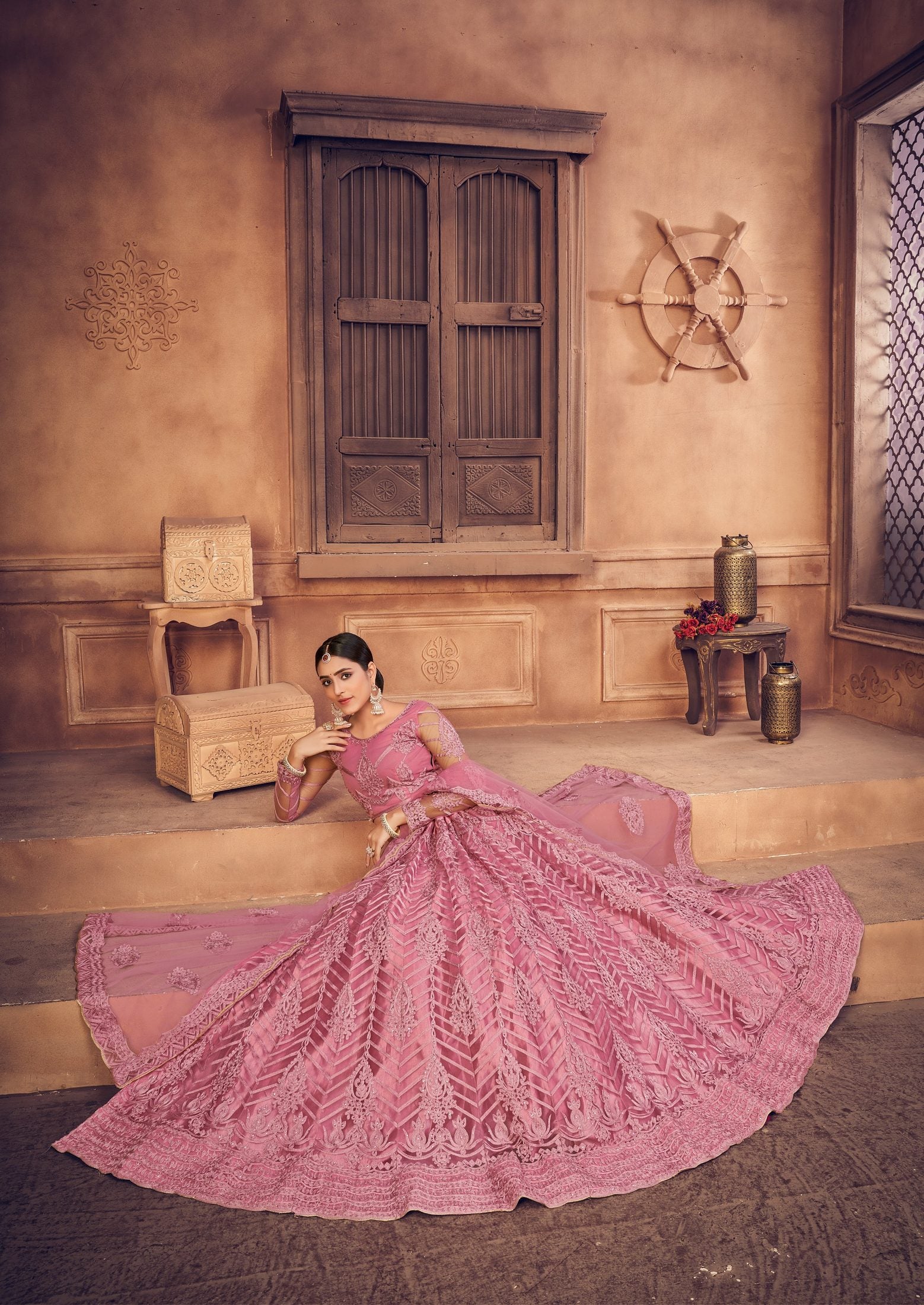Dusty Net Embroidered Lehenga Choli set Semi-Stitched Heavy Zari & Thread Work For A-Line Festive & Wedding Wear