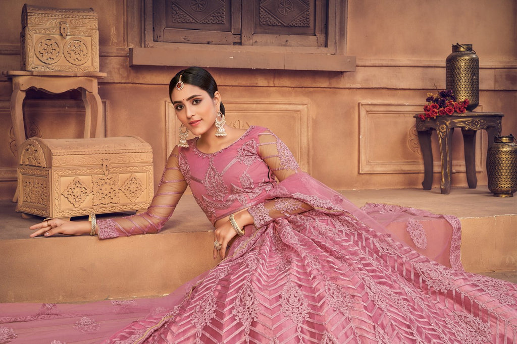 Dusty Net Embroidered Lehenga Choli set Semi-Stitched Heavy Zari & Thread Work For A-Line Festive & Wedding Wear
