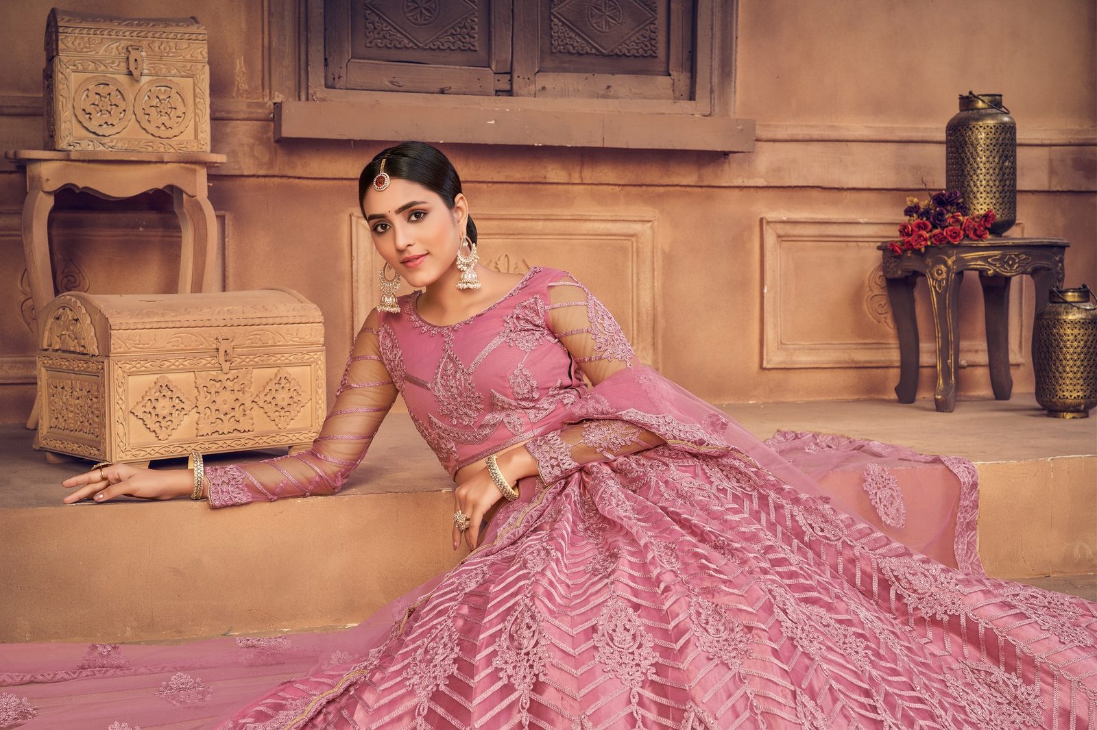 Dusty Net Embroidered Lehenga Choli set Semi-Stitched Heavy Zari & Thread Work For A-Line Festive & Wedding Wear