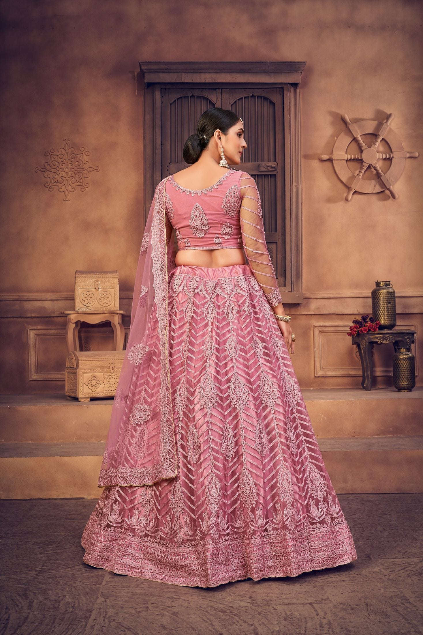 Dusty Net Embroidered Lehenga Choli set Semi-Stitched Heavy Zari & Thread Work For A-Line Festive & Wedding Wear