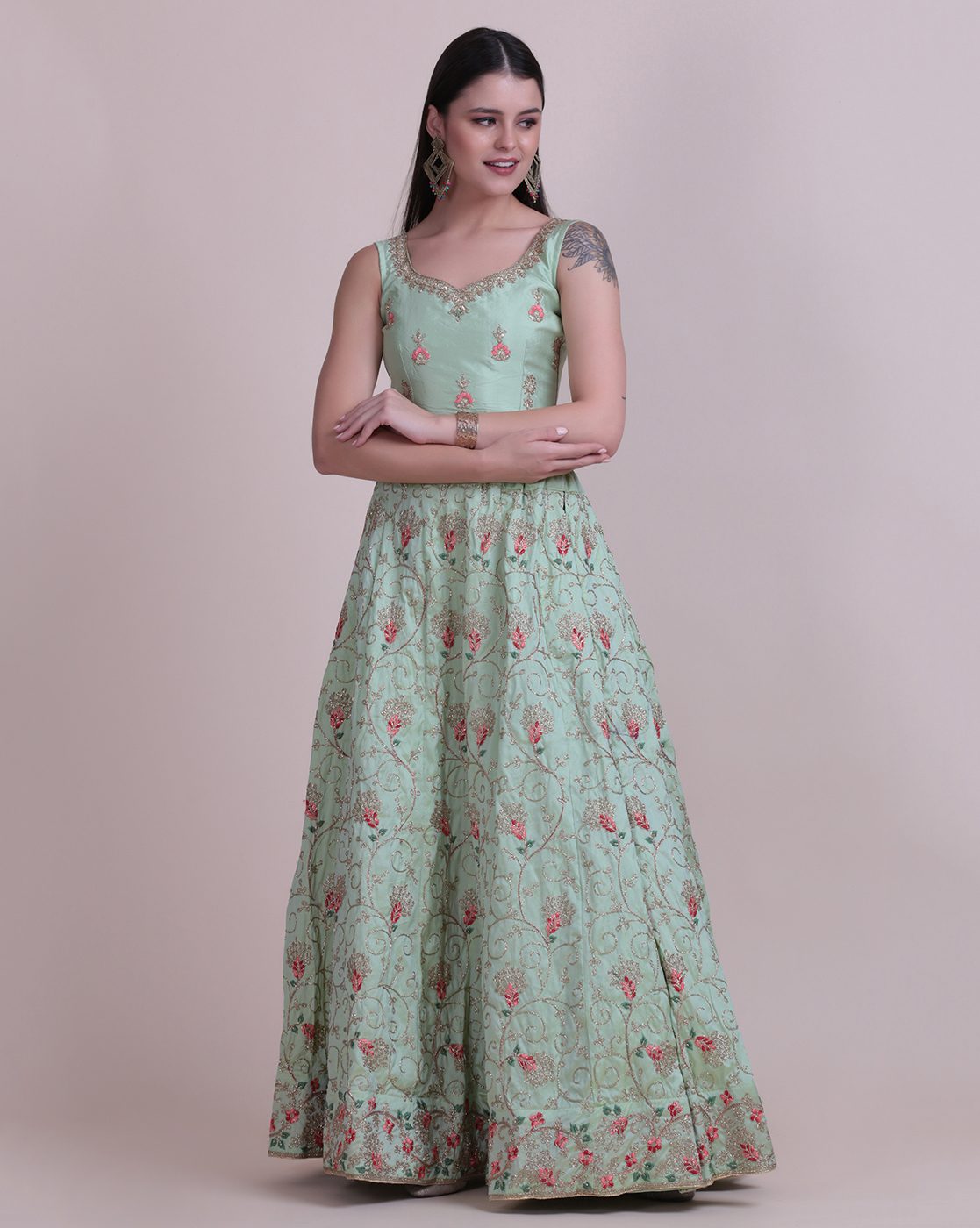 Pastel Green Net Embroidered Lehenga Choli Set Semi-Stitched Heavy Zari & Thread Work For A-Line Wedding & Festive Wear