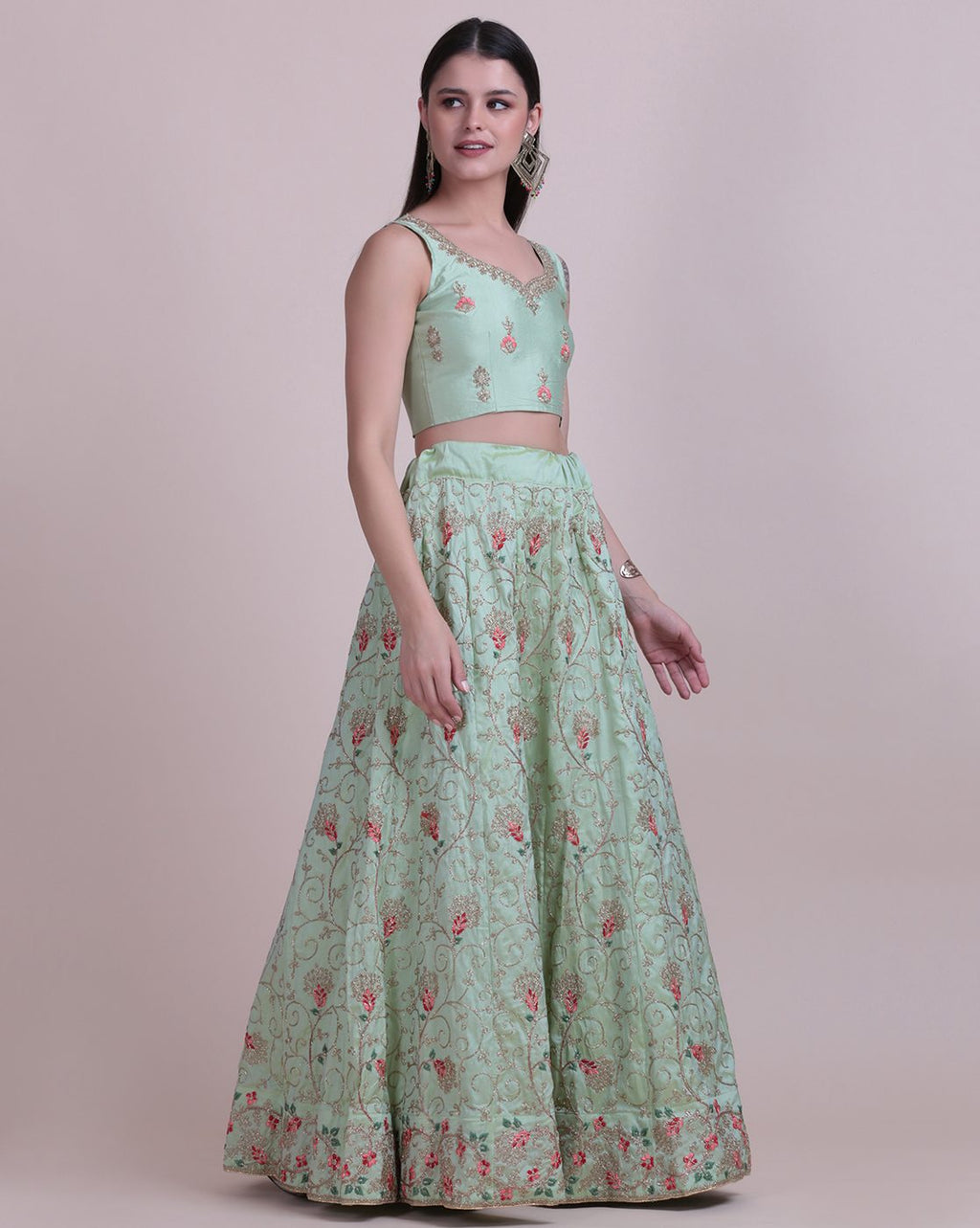 Pastel Green Net Embroidered Lehenga Choli Set Semi-Stitched Heavy Zari & Thread Work For A-Line Wedding & Festive Wear