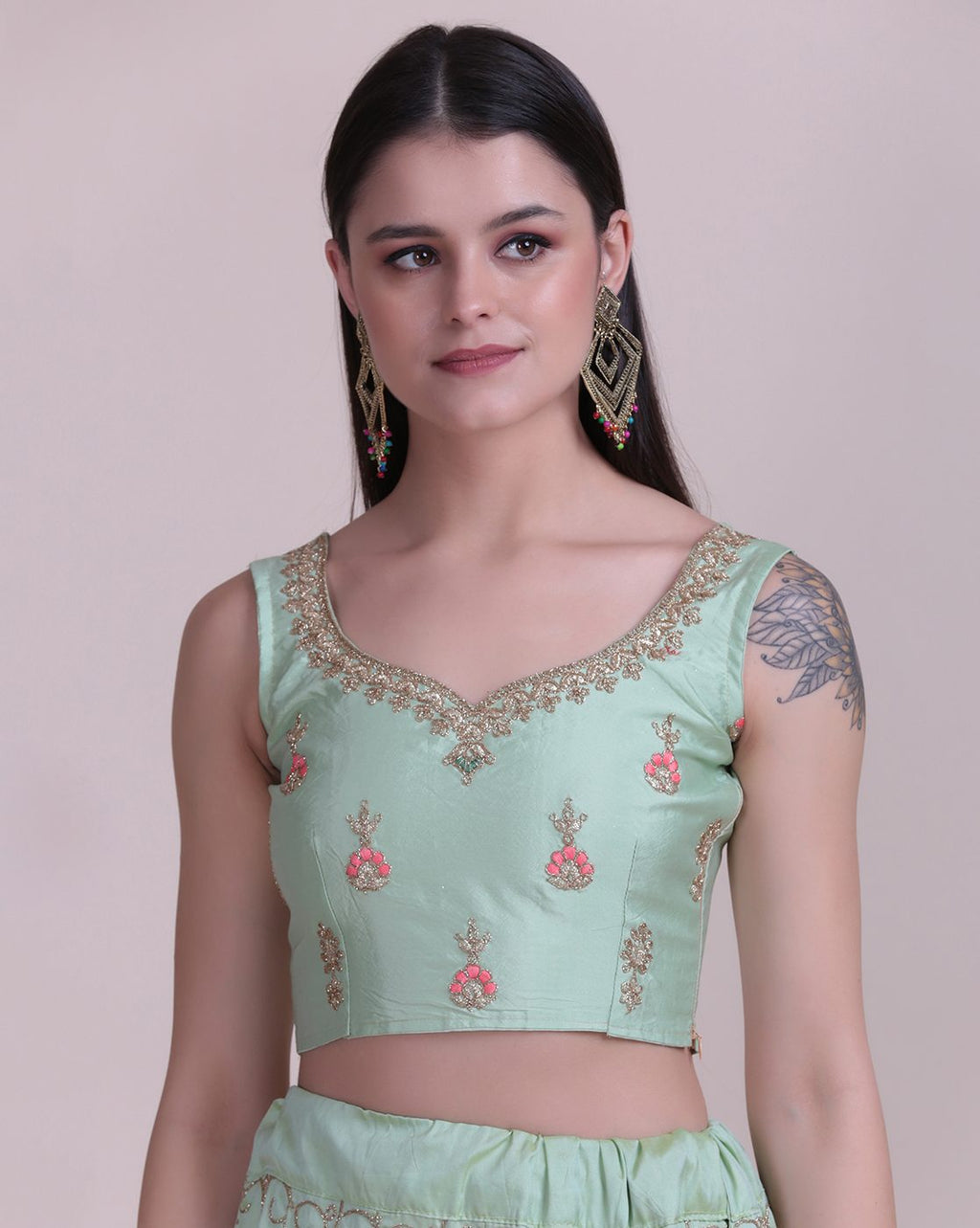 Pastel Green Net Embroidered Lehenga Choli Set Semi-Stitched Heavy Zari & Thread Work For A-Line Wedding & Festive Wear