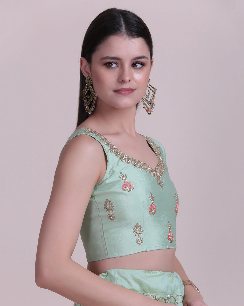 Pastel Green Net Embroidered Lehenga Choli Set Semi-Stitched Heavy Zari & Thread Work For A-Line Wedding & Festive Wear