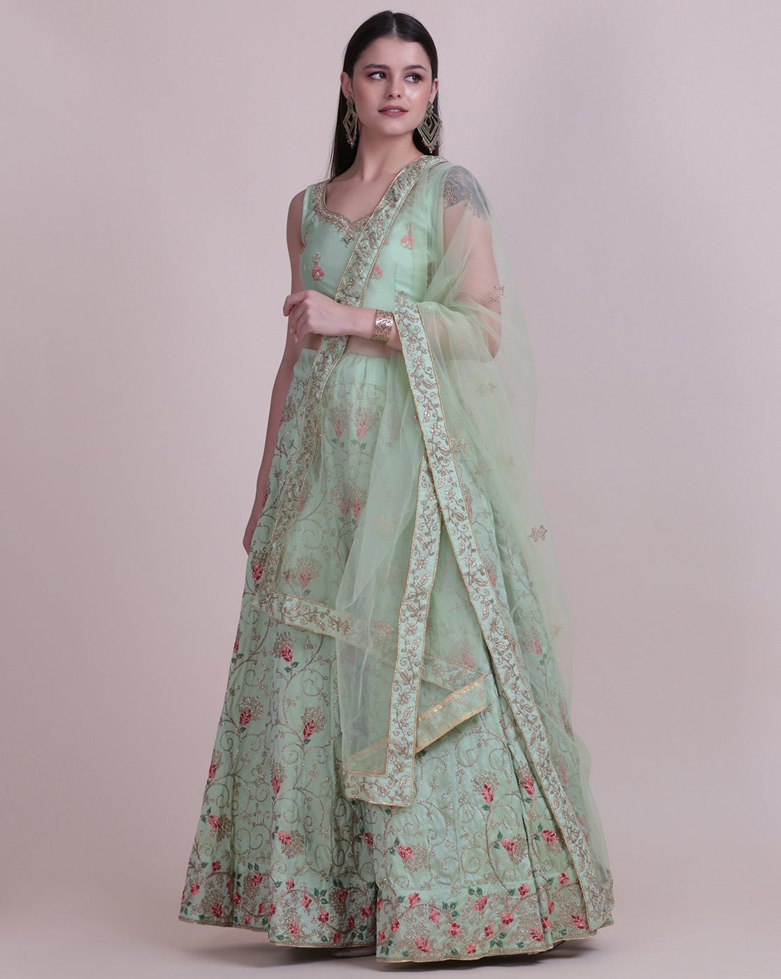 Pastel Green Net Embroidered Lehenga Choli Set Semi-Stitched Heavy Zari & Thread Work For A-Line Wedding & Festive Wear