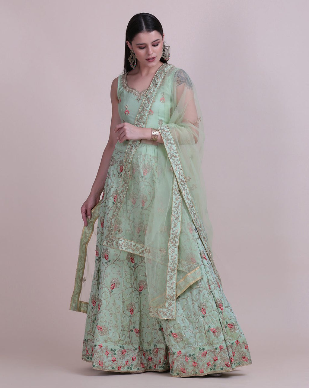 Pastel Green Net Embroidered Lehenga Choli Set Semi-Stitched Heavy Zari & Thread Work For A-Line Wedding & Festive Wear