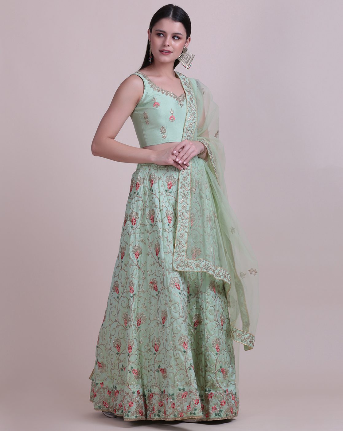 Pastel Green Net Embroidered Lehenga Choli Set Semi-Stitched Heavy Zari & Thread Work For A-Line Wedding & Festive Wear