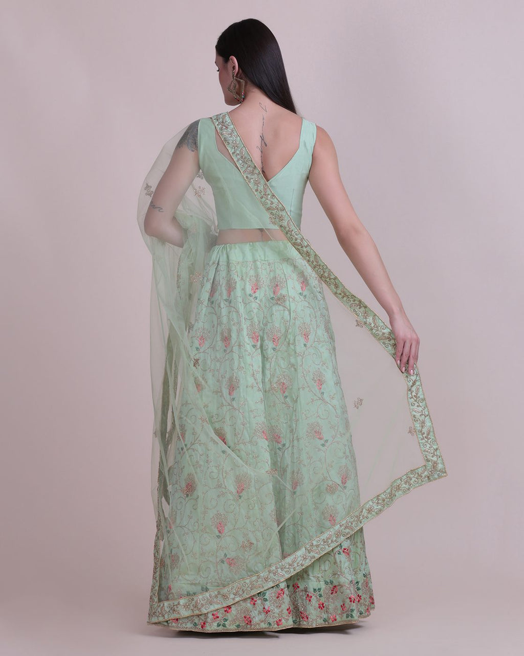 Pastel Green Net Embroidered Lehenga Choli Set Semi-Stitched Heavy Zari & Thread Work For A-Line Wedding & Festive Wear
