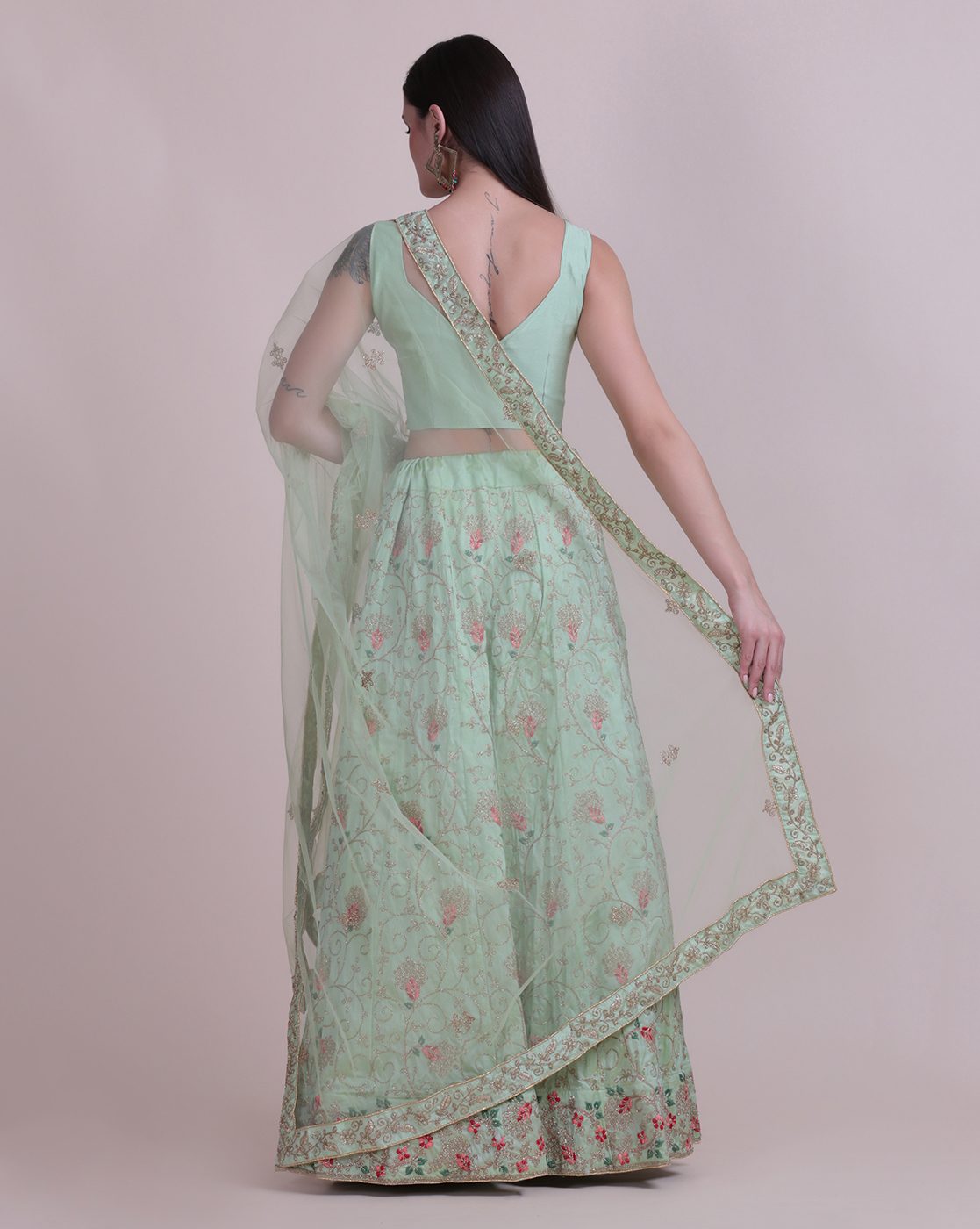 Pastel Green Net Embroidered Lehenga Choli Set Semi-Stitched Heavy Zari & Thread Work For A-Line Wedding & Festive Wear