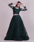 Green Net Fabric Lehenga Choli with Sequin & Thread Embroidery Work and A-Line Style Semi-Stitched For Wedding & Festive Wear