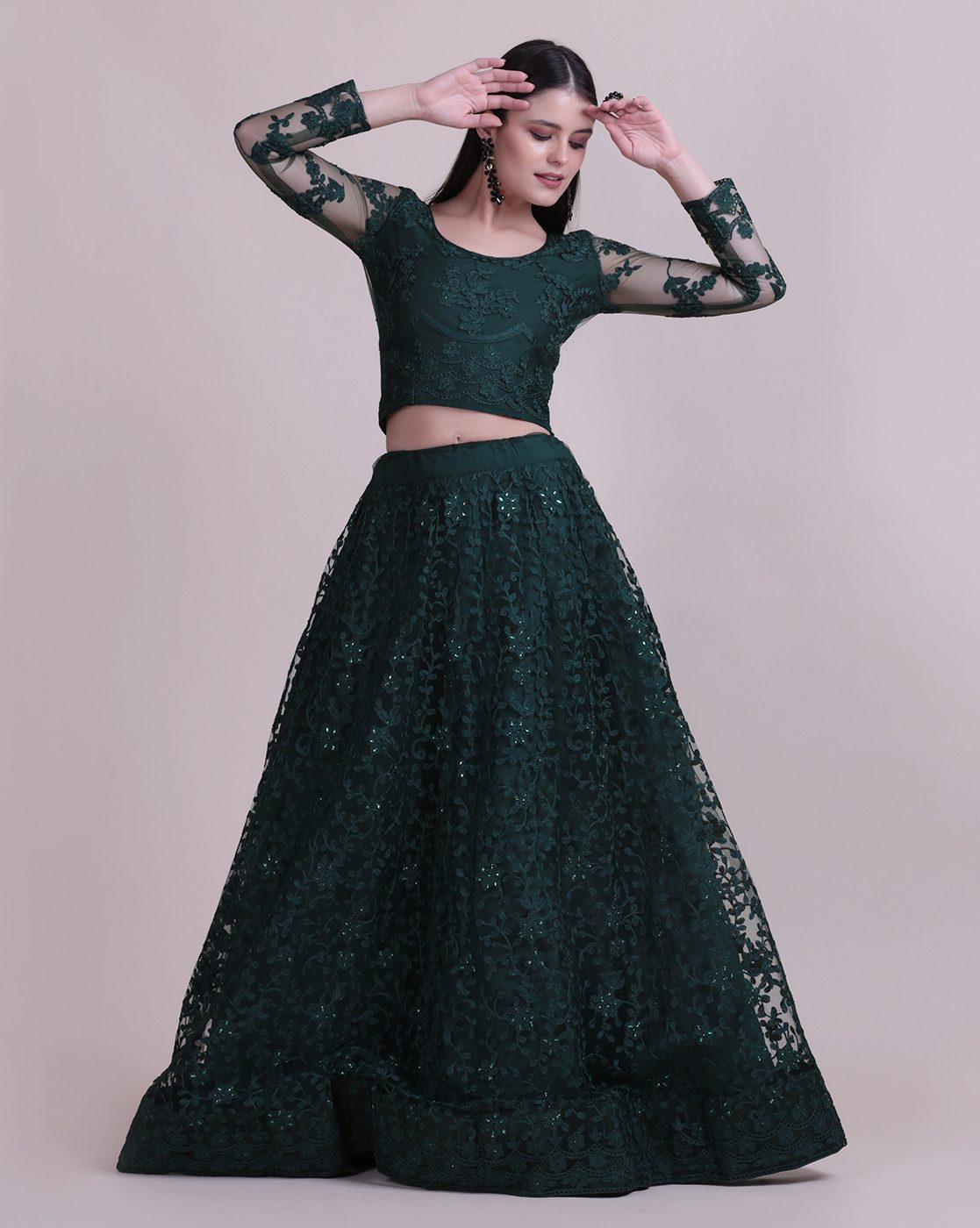 Green Net Fabric Lehenga Choli with Sequin & Thread Embroidery Work and A-Line Style Semi-Stitched For Wedding & Festive Wear