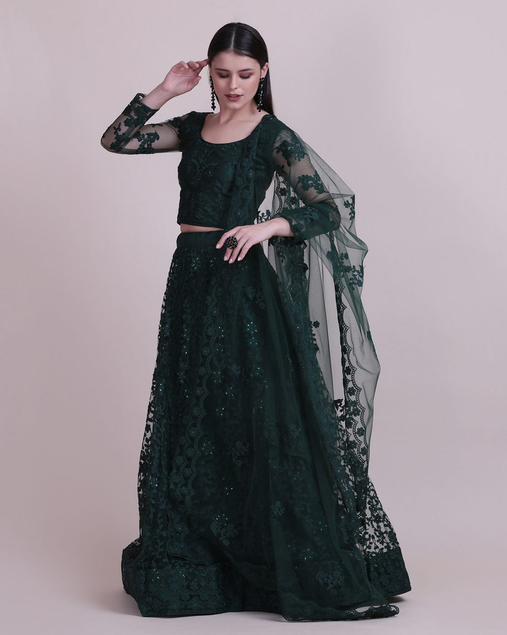 Green Net Fabric Lehenga Choli with Sequin & Thread Embroidery Work and A-Line Style Semi-Stitched For Wedding & Festive Wear