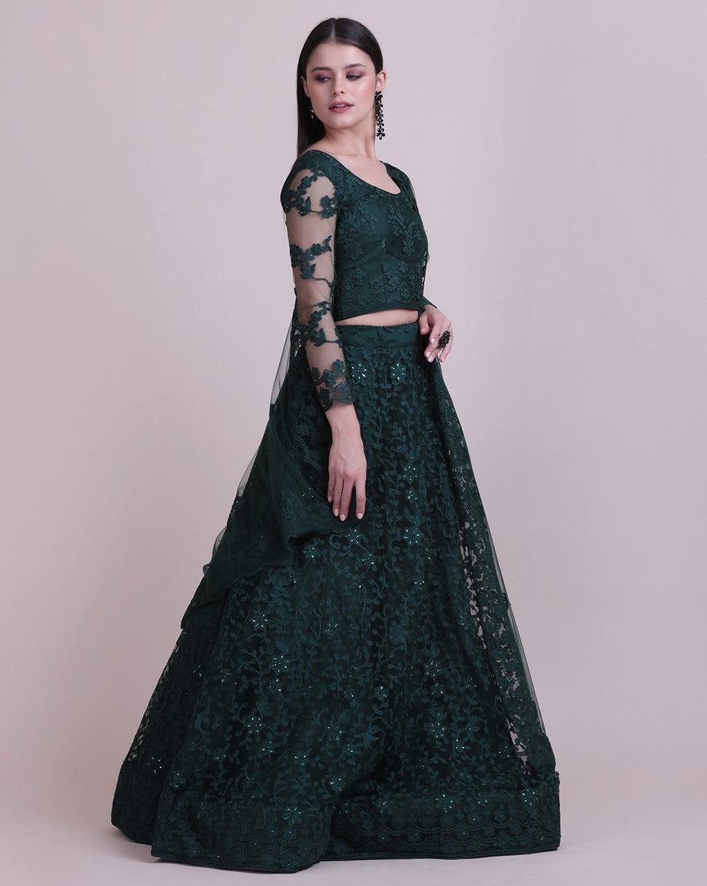 Green Net Fabric Lehenga Choli with Sequin & Thread Embroidery Work and A-Line Style Semi-Stitched For Wedding & Festive Wear