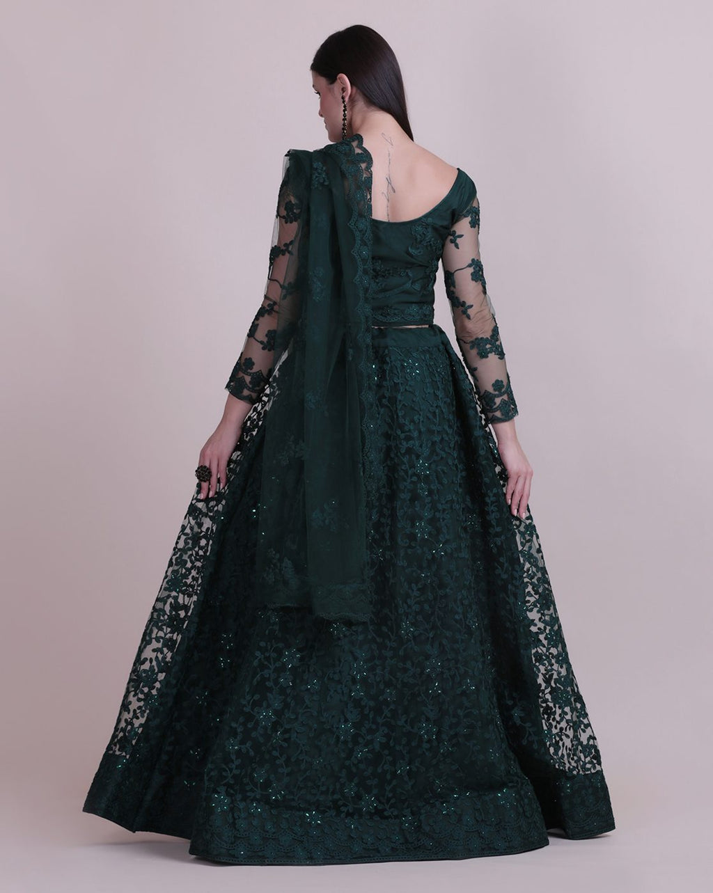 Green Net Fabric Lehenga Choli with Sequin & Thread Embroidery Work and A-Line Style Semi-Stitched For Wedding & Festive Wear