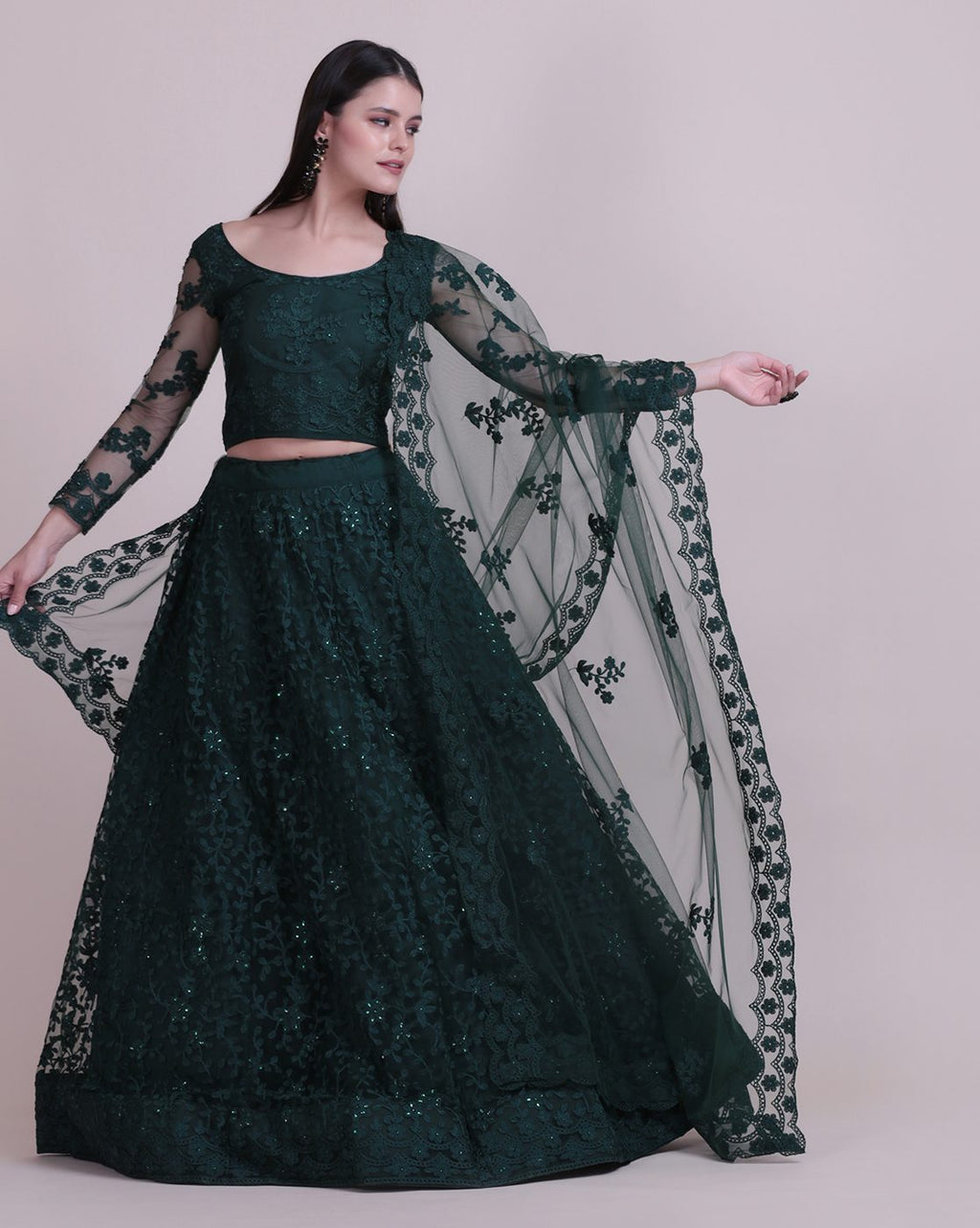 Green Net Fabric Lehenga Choli with Sequin & Thread Embroidery Work and A-Line Style Semi-Stitched For Wedding & Festive Wear