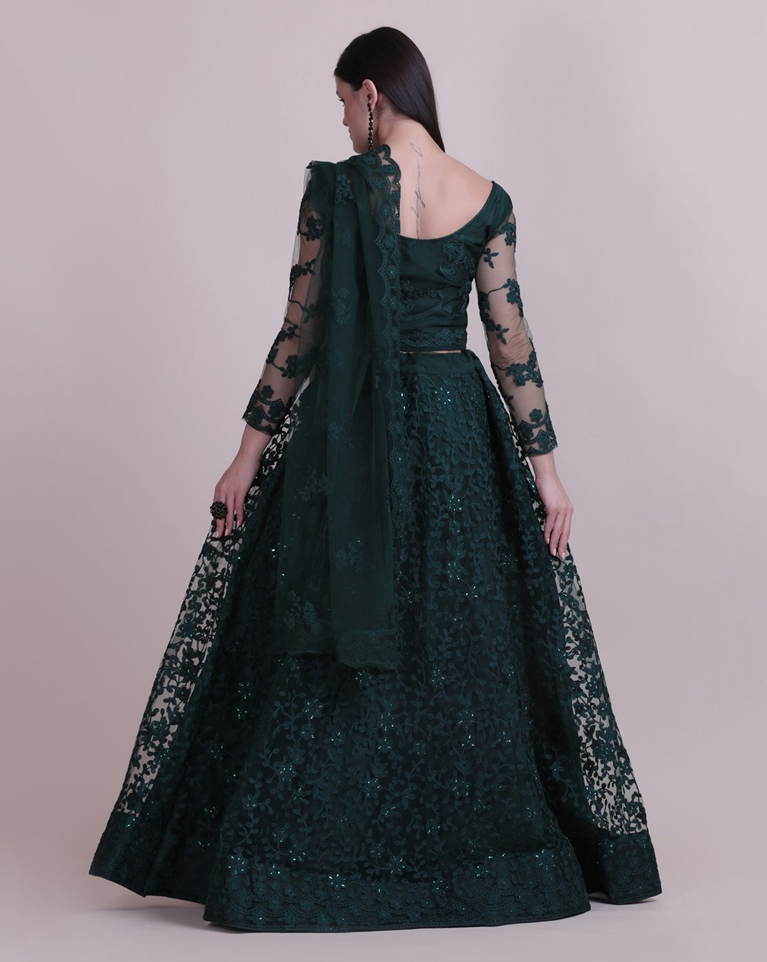 Green Net Fabric Lehenga Choli with Sequin & Thread Embroidery Work and A-Line Style Semi-Stitched For Wedding & Festive Wear