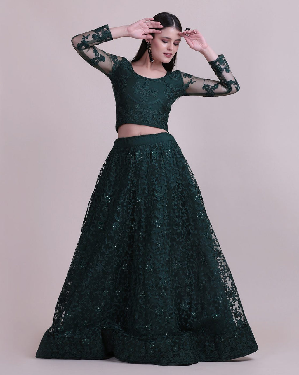 Green Net Fabric Lehenga Choli with Sequin & Thread Embroidery Work and A-Line Style Semi-Stitched For Wedding & Festive Wear