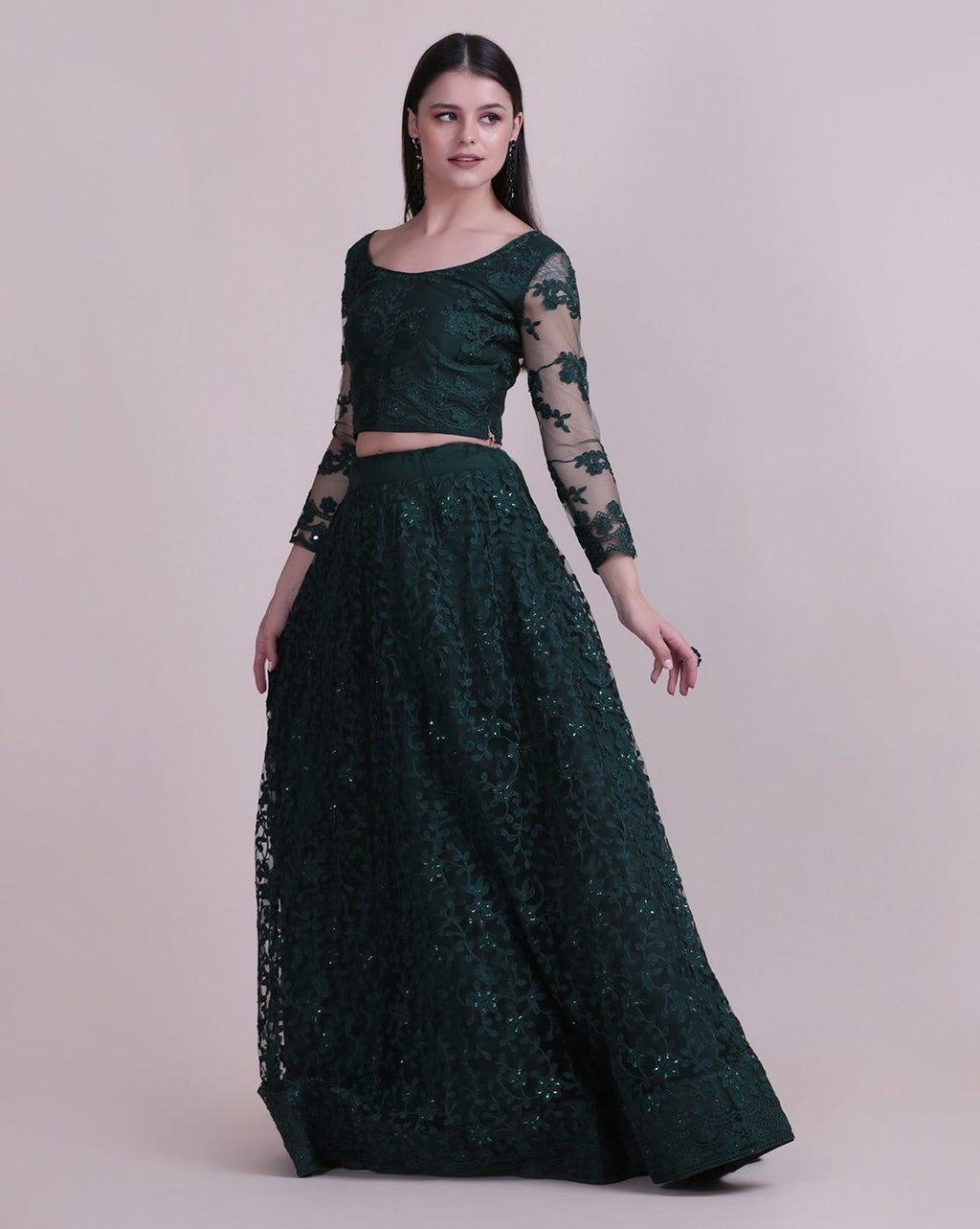 Green Net Fabric Lehenga Choli with Sequin & Thread Embroidery Work and A-Line Style Semi-Stitched For Wedding & Festive Wear