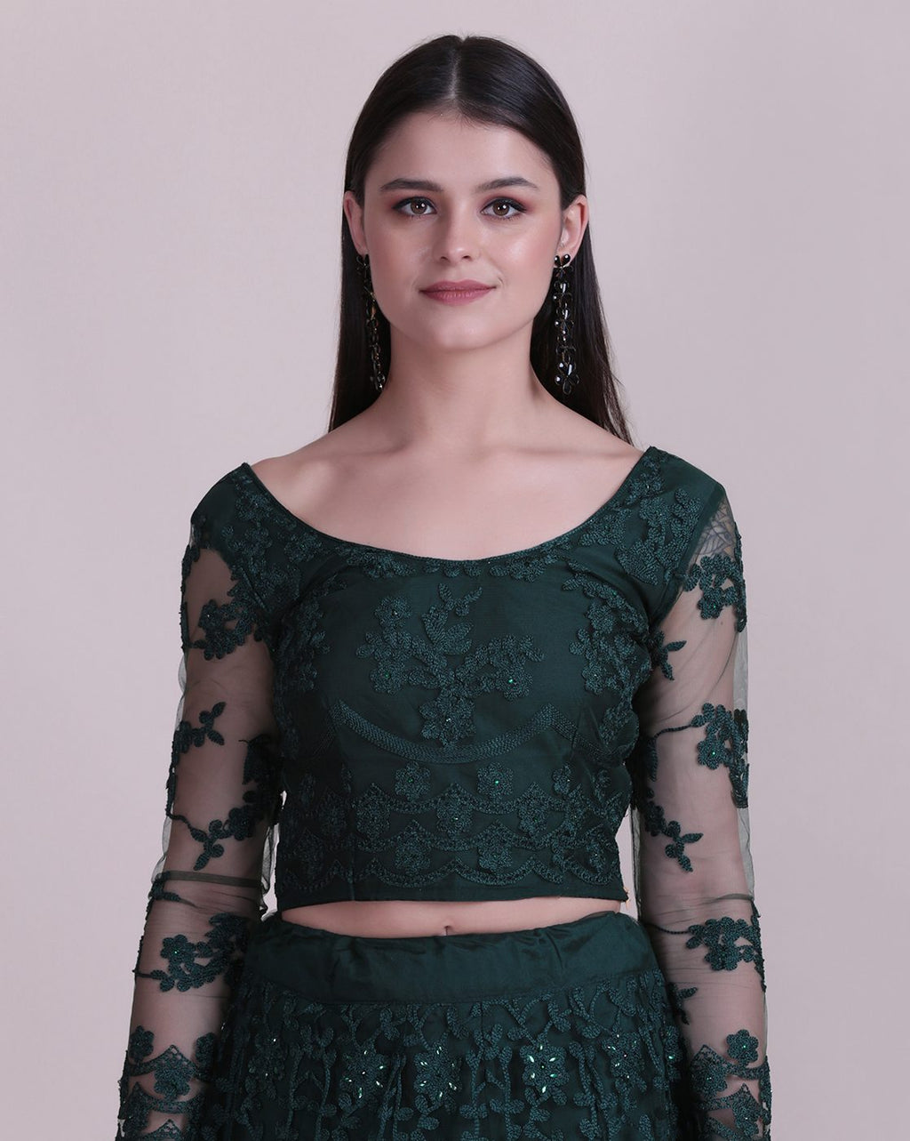 Green Net Fabric Lehenga Choli with Sequin & Thread Embroidery Work and A-Line Style Semi-Stitched For Wedding & Festive Wear