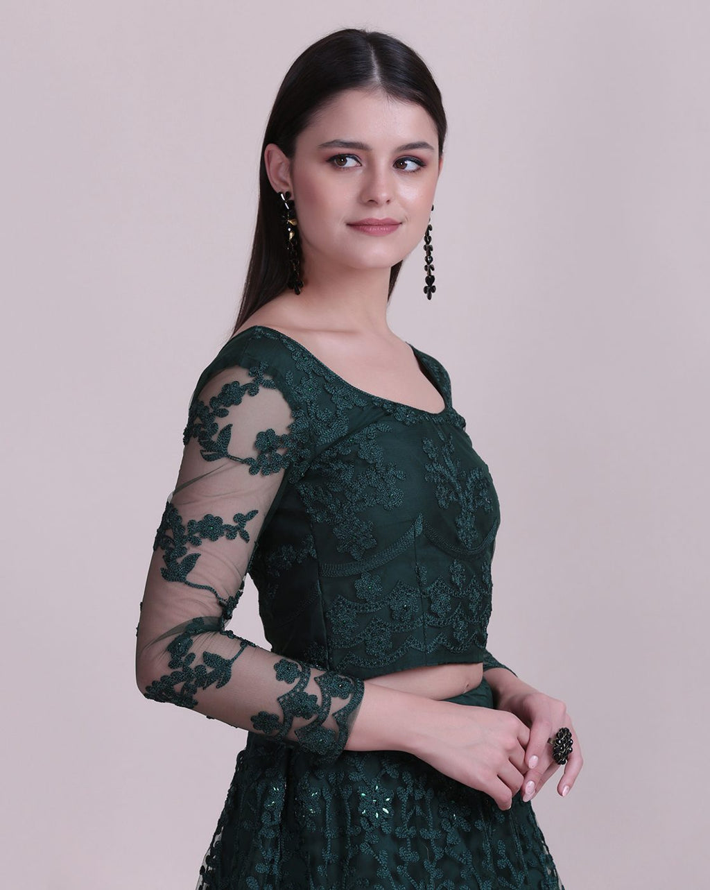 Green Net Fabric Lehenga Choli with Sequin & Thread Embroidery Work and A-Line Style Semi-Stitched For Wedding & Festive Wear