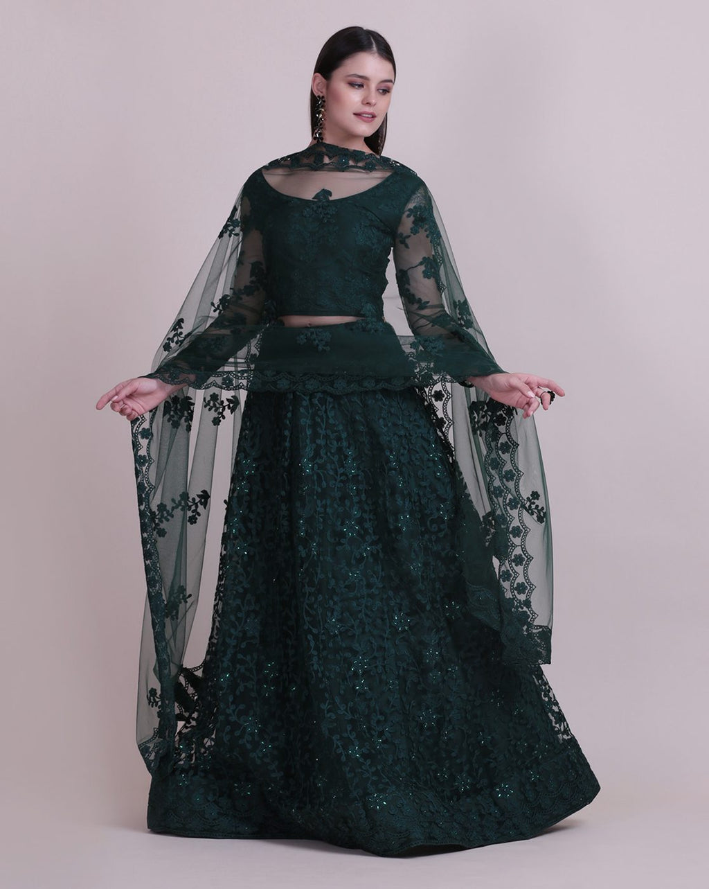 Green Net Fabric Lehenga Choli with Sequin & Thread Embroidery Work and A-Line Style Semi-Stitched For Wedding & Festive Wear