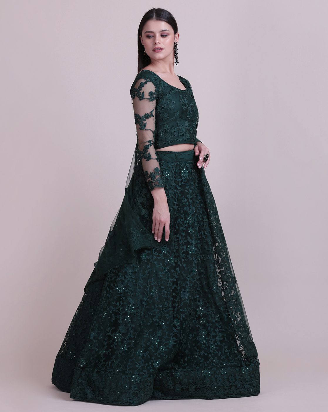 Green Net Fabric Lehenga Choli with Sequin & Thread Embroidery Work and A-Line Style Semi-Stitched For Wedding & Festive Wear