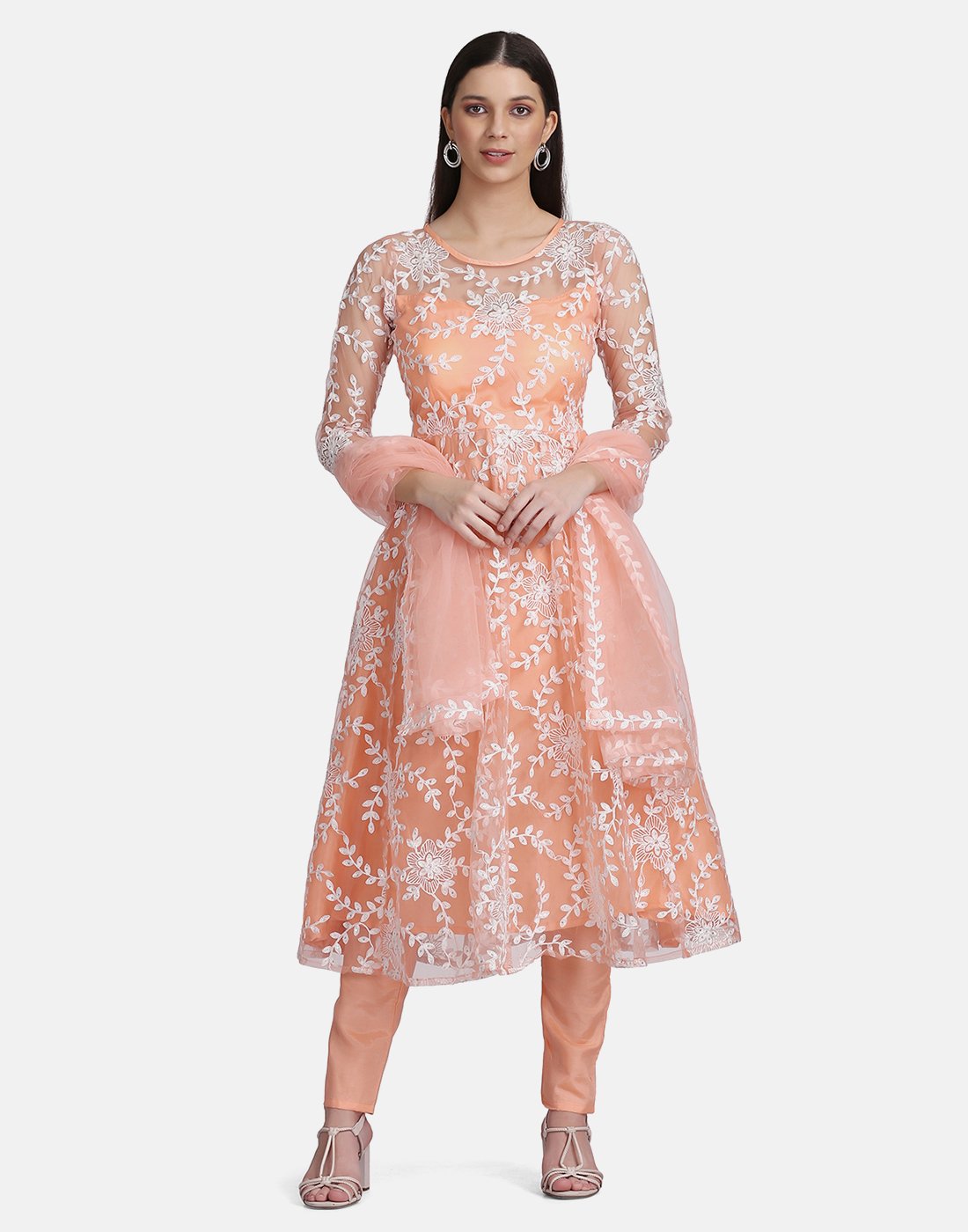 Peach Net Anarkali Suit