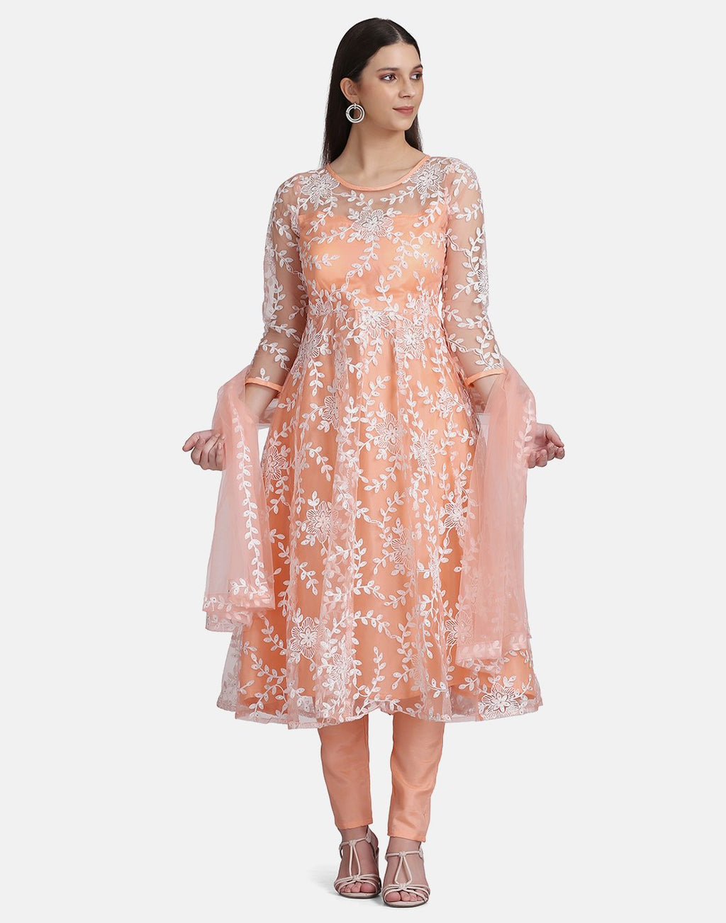Peach Net Anarkali Suit
