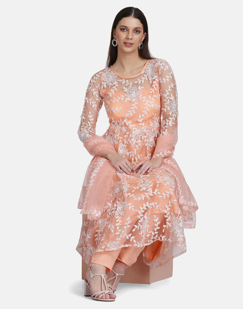 Peach Net Anarkali Suit